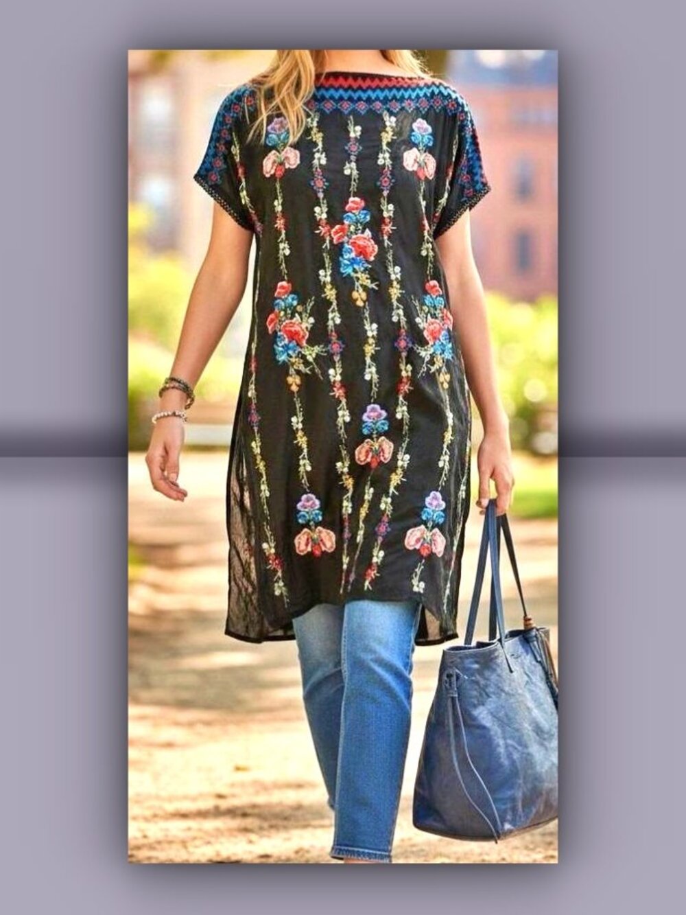 Johnny Was Black Floral Embroidered Boho Bennett Tunic Top Dress S XXL/16